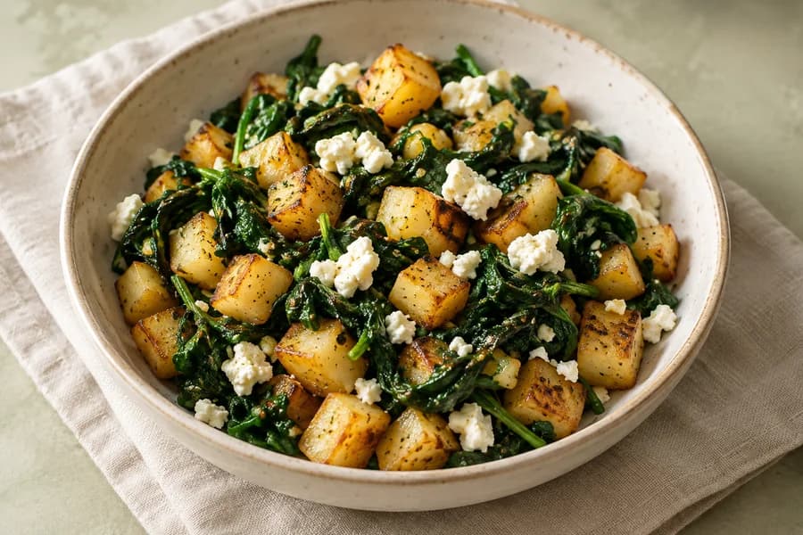 Goldbraun gebratene Kartoffeln mit Spinat und zerbröseltem Feta auf einem Keramikteller
